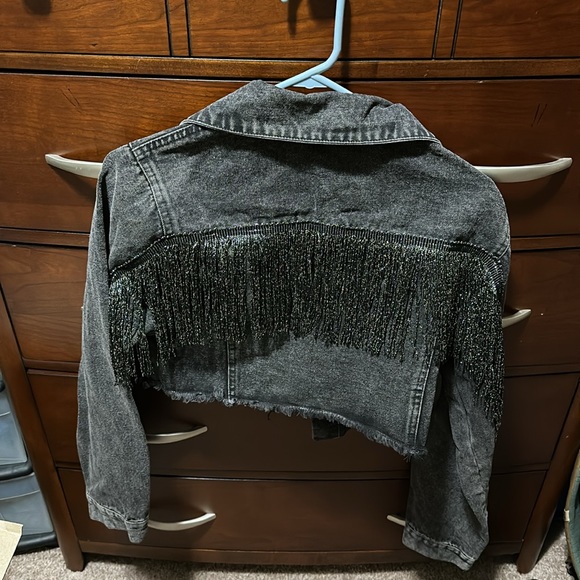 New Crop Denim Jacket Tassel Casual Button Down Long Sleeves Jean Coat - Picture 2 of 6